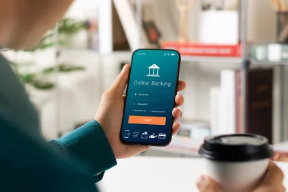 Male executive using smartphone to conduct online mobile banking