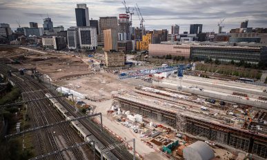BIRMINGHAM, UK - MARCH 20, 2024 - Aerial drone view of Birmingham