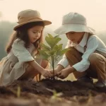 Two children planting a tree