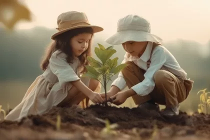 Two children planting a tree
