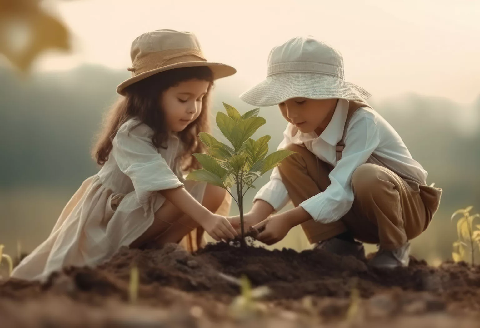 Two children planting a tree