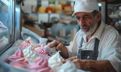 An artisan gelato maker carefully crafting ice cream