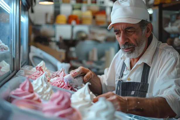 An artisan gelato maker carefully crafting ice cream