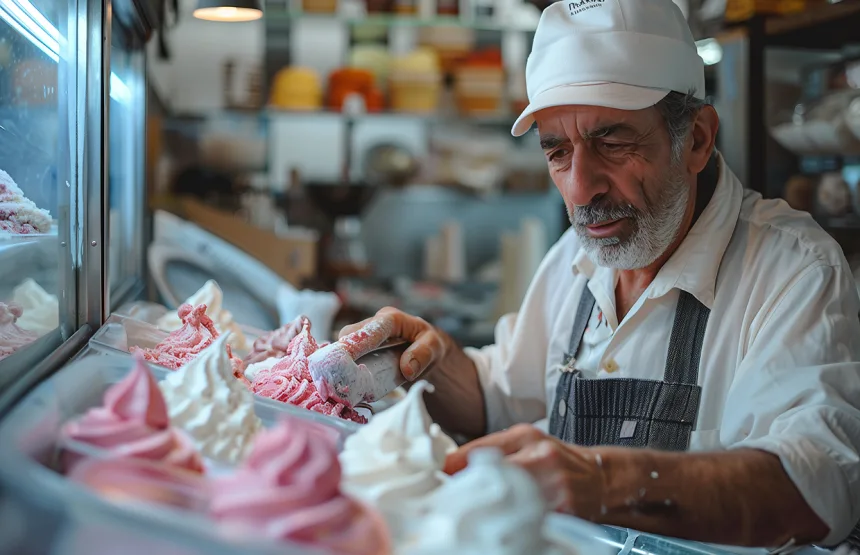 An artisan gelato maker carefully crafting ice cream