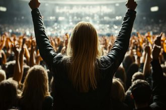 Person standing front large crowd