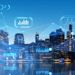 Night city panorama with network hologram