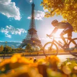 Cyclist in the park and the Eiffel Tower