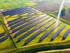 Solar Energy Farm in Fields. Aerial Drone View